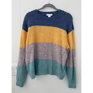 H&M Blue Yellow Gray & Green Colorblock Stripe Long Sleeve Crewneck Sweater Sz M